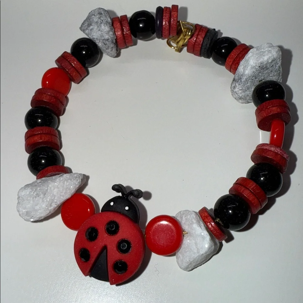 Whimsical Ladybug Beaded Bracelet - Red Black & stones